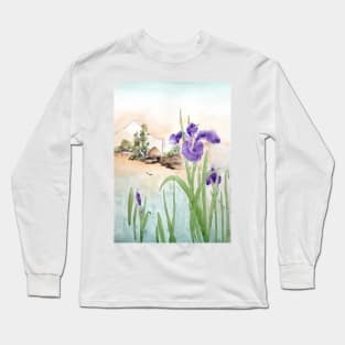 purple iris and Mount Fuji Long Sleeve T-Shirt